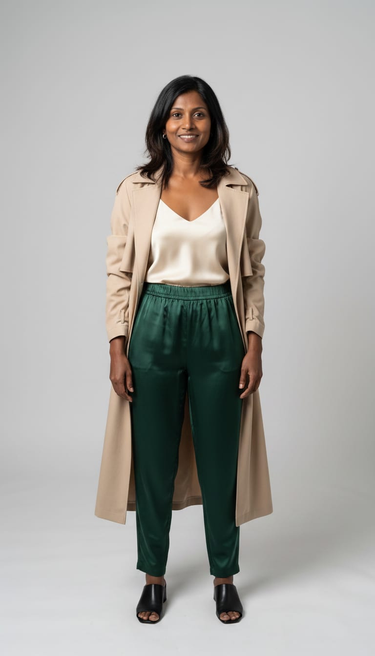 A woman wearing a high-waisted relaxed-fit satin trousers in a deep forest green, satin camisole in a delicate cream color, longline trench coat in a light beige gabardine and low block-heeled mules in black leather — a weekend polished outfit.