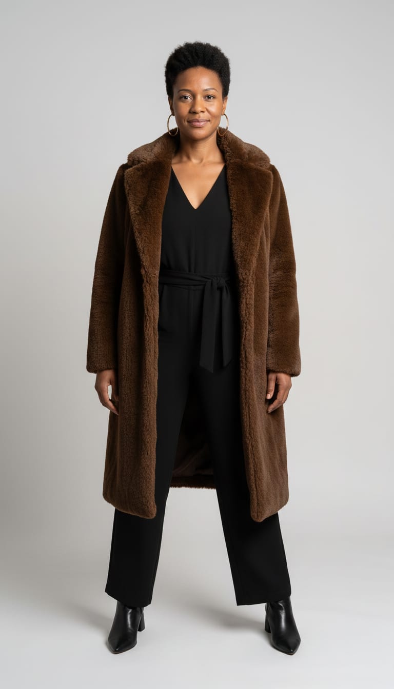 A woman wearing a longline chocolate brown faux fur coat, a black relaxed-fit tailored crepe jumpsuit, black leather pointed-toe low block heels and large gold hoop earrings — a weekend polished outfit.
