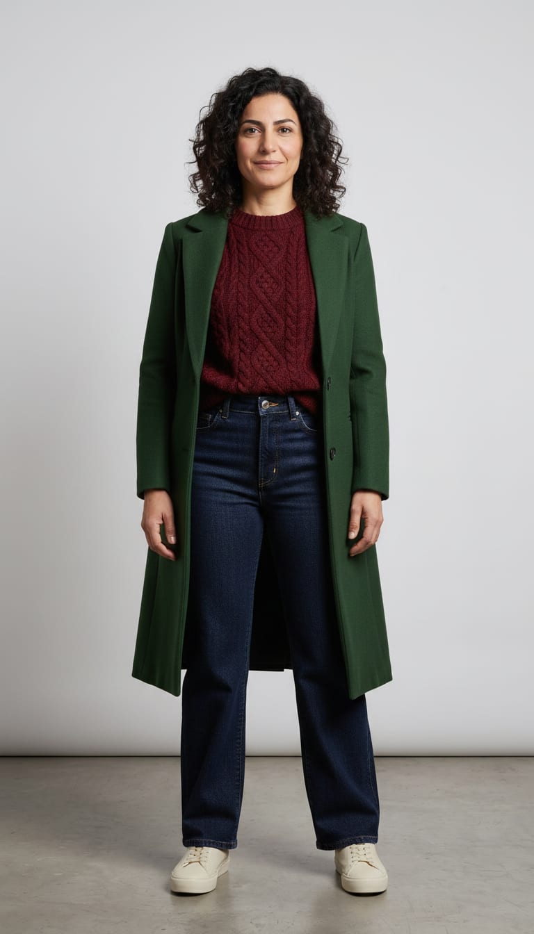 A woman wearing a burgundy chunky cable knit sweater, dark wash indigo wide-leg denim jeans, forest green wool blend long coat and cream fashion sneakers — a weekend polished outfit.