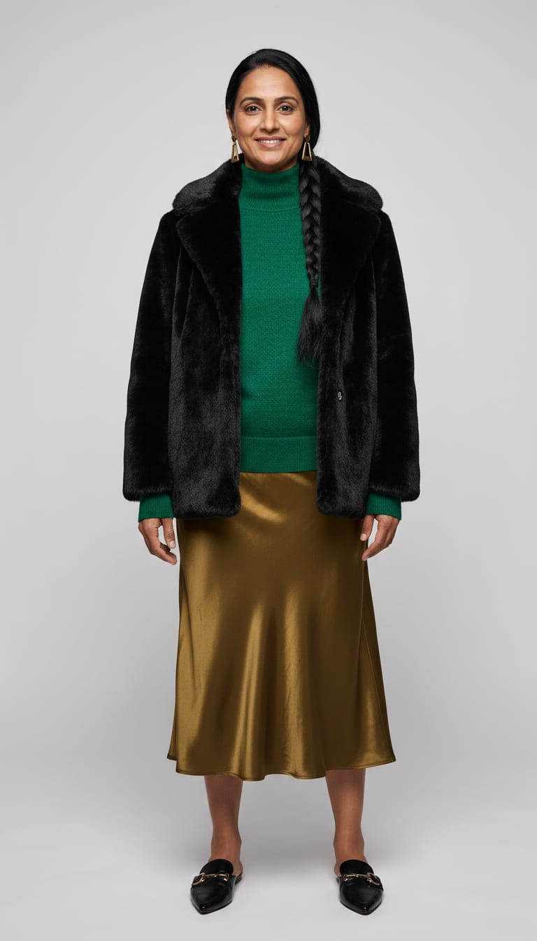 A woman wearing an emerald green fine-gauge knit turtleneck sweater, deep gold bias-cut satin midi skirt, black short faux fur car coat and black patent leather flat mules — a weekend polished outfit.