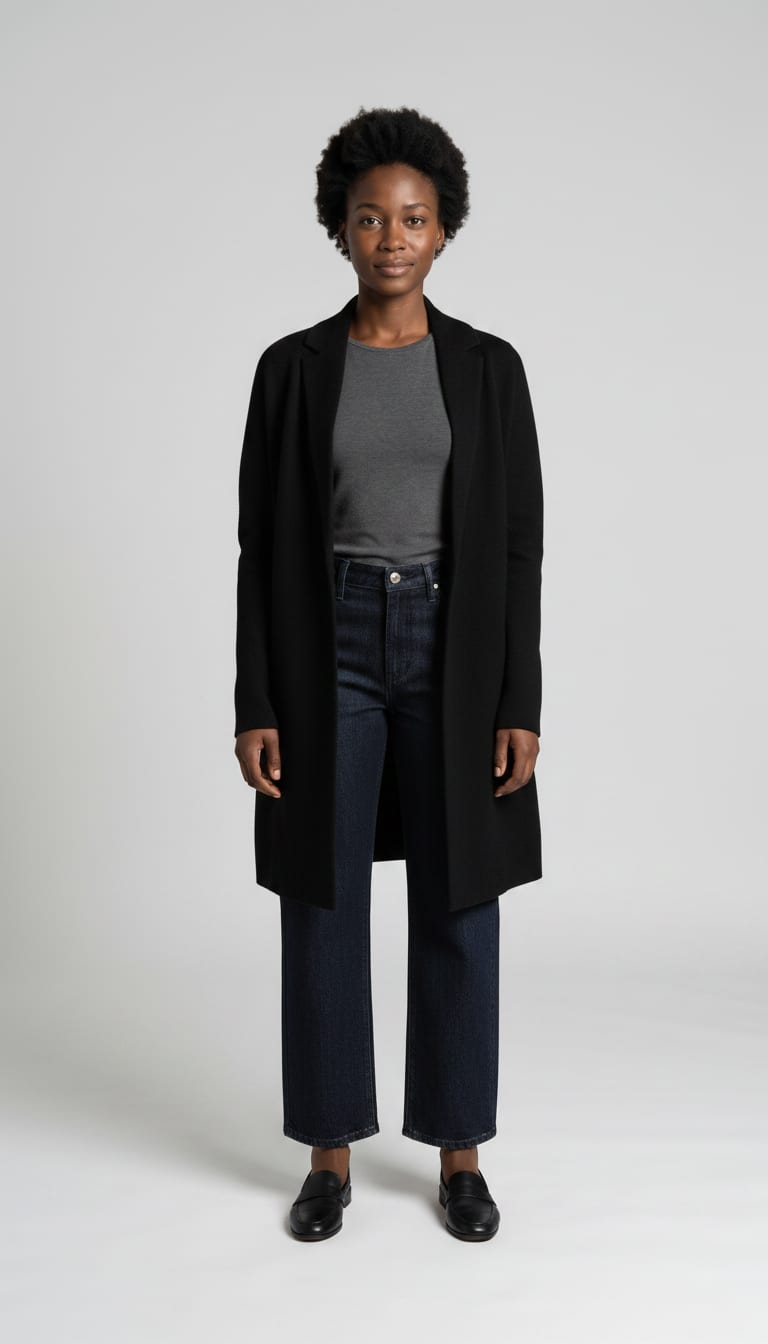 A woman wearing a high-waisted wide-leg jeans in a dark indigo wash, fitted long-sleeve crewneck knit top in soft charcoal grey, unstructured mid-length coatigan in a soft black knit and sleek black leather loafers — a weekend polished outfit.