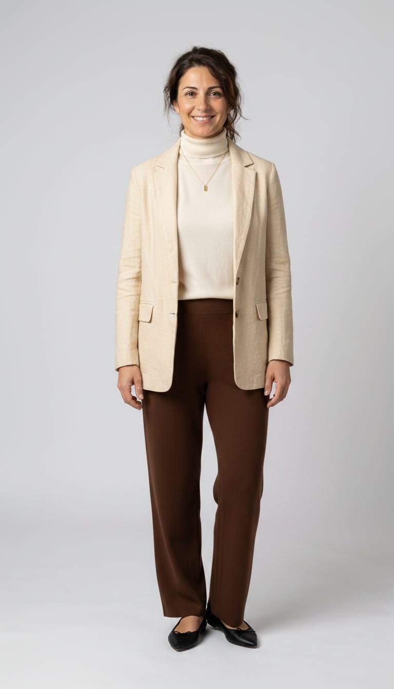 A woman wearing a fine-gauge cashmere blend turtleneck sweater in a creamy ivory, high-waisted, relaxed fit and pointed-toe ballet flats in soft black leather — a weekend polished outfit.