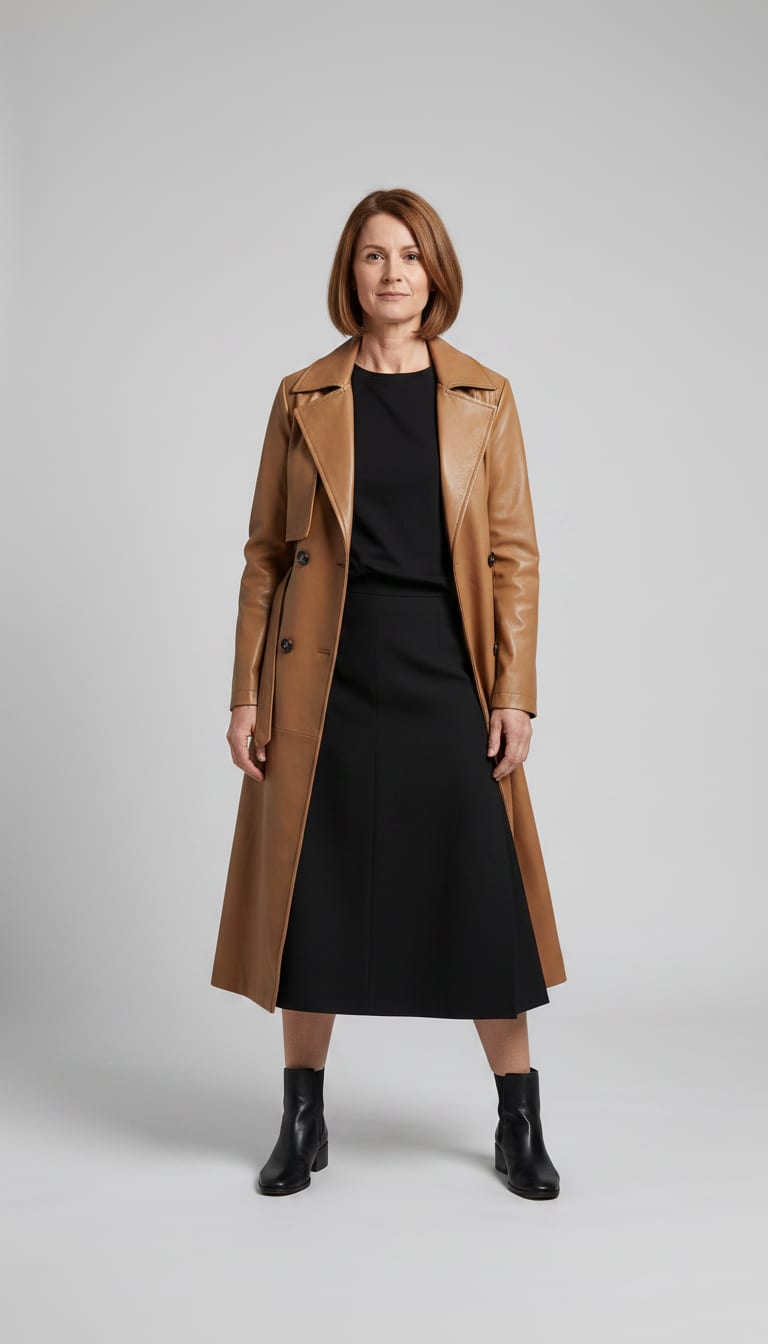 A woman wearing a long camel faux leather trench coat, black cotton-blend crew neck t-shirt, black tailored A-line midi skirt and black leather ankle boots — a weekend polished outfit.