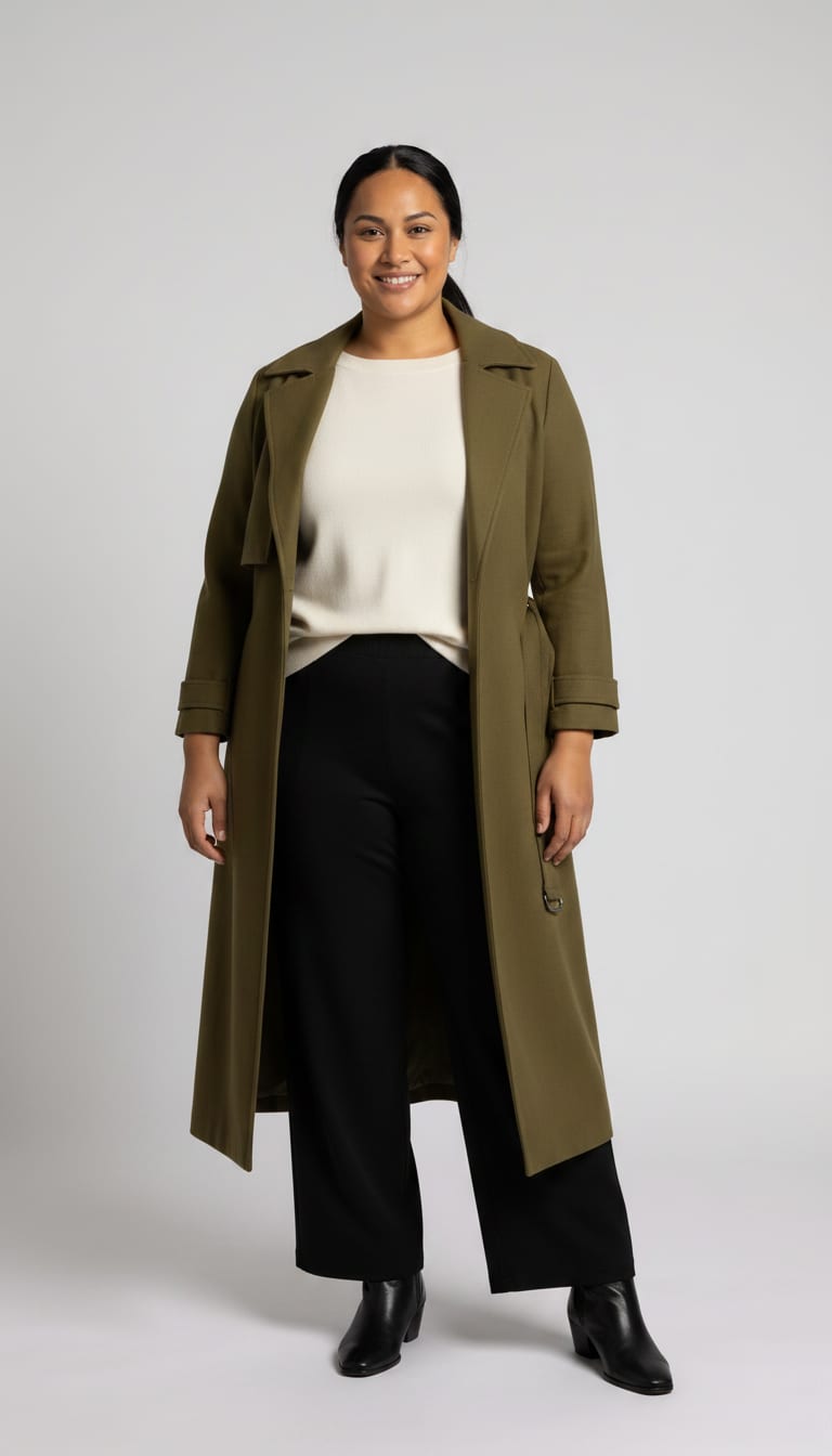 A woman wearing a black tailored knit wide-leg trousers, cream structured fine-gauge knit sweater, long olive green wool-blend trench coat and black leather ankle boots — a weekend polished outfit.
