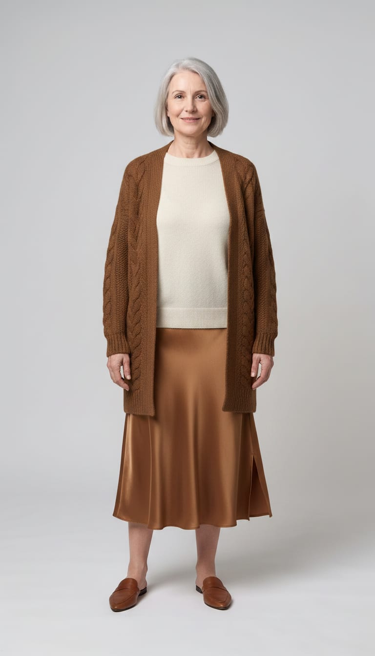 A woman wearing a caramel satin A-line midi skirt, cream fine-gauge merino wool crew-neck sweater, brown longline chunky knit cardigan and brown leather flat loafers — a weekend polished outfit.
